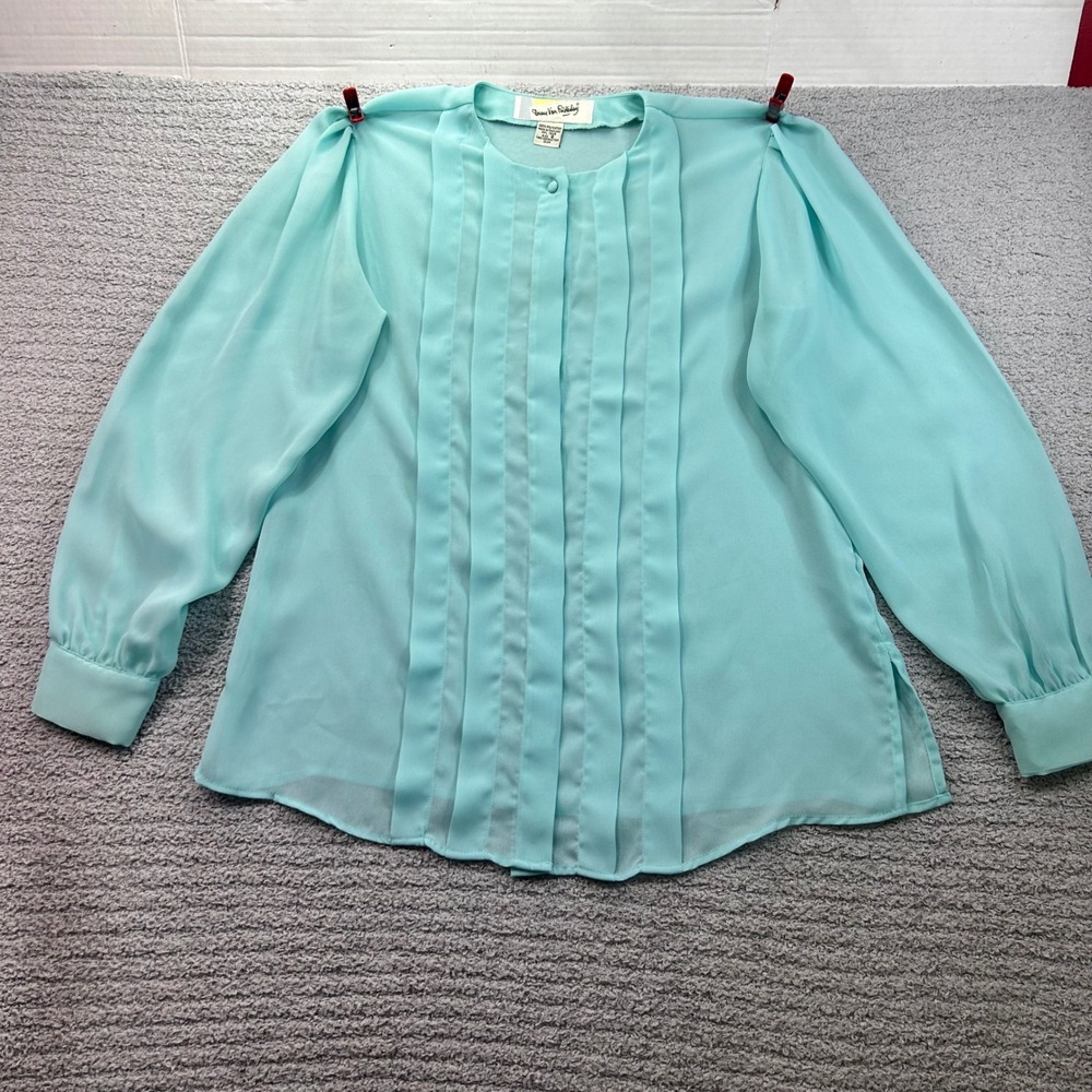 Diane Von Furstenberg Blouse Pleated Aqua Blue 8 Vintage 80s 90s Office Retro